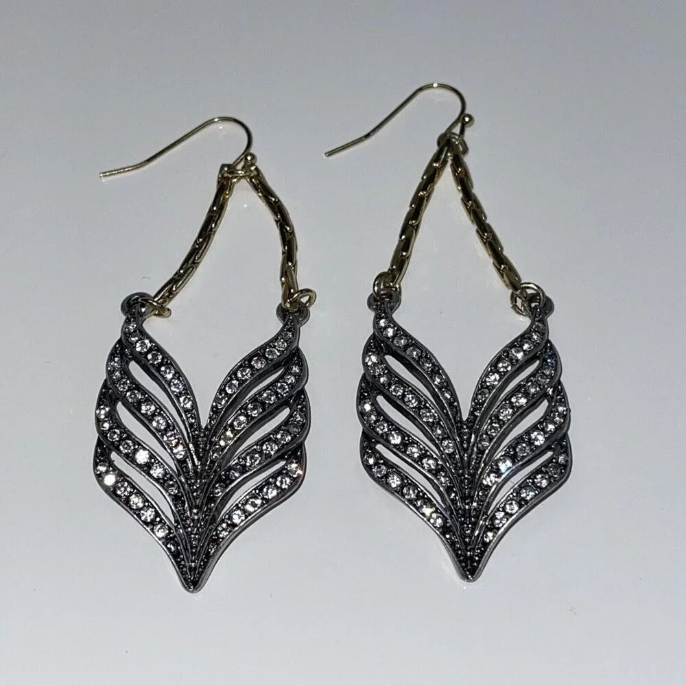 Feather Earrings Silver & Gold Tone Crystal Long Drop Statement Signed ls A246‎